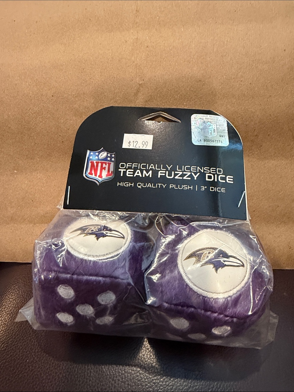 NFL Baltimore Ravens Purple White Fuzzy Dice Keychain